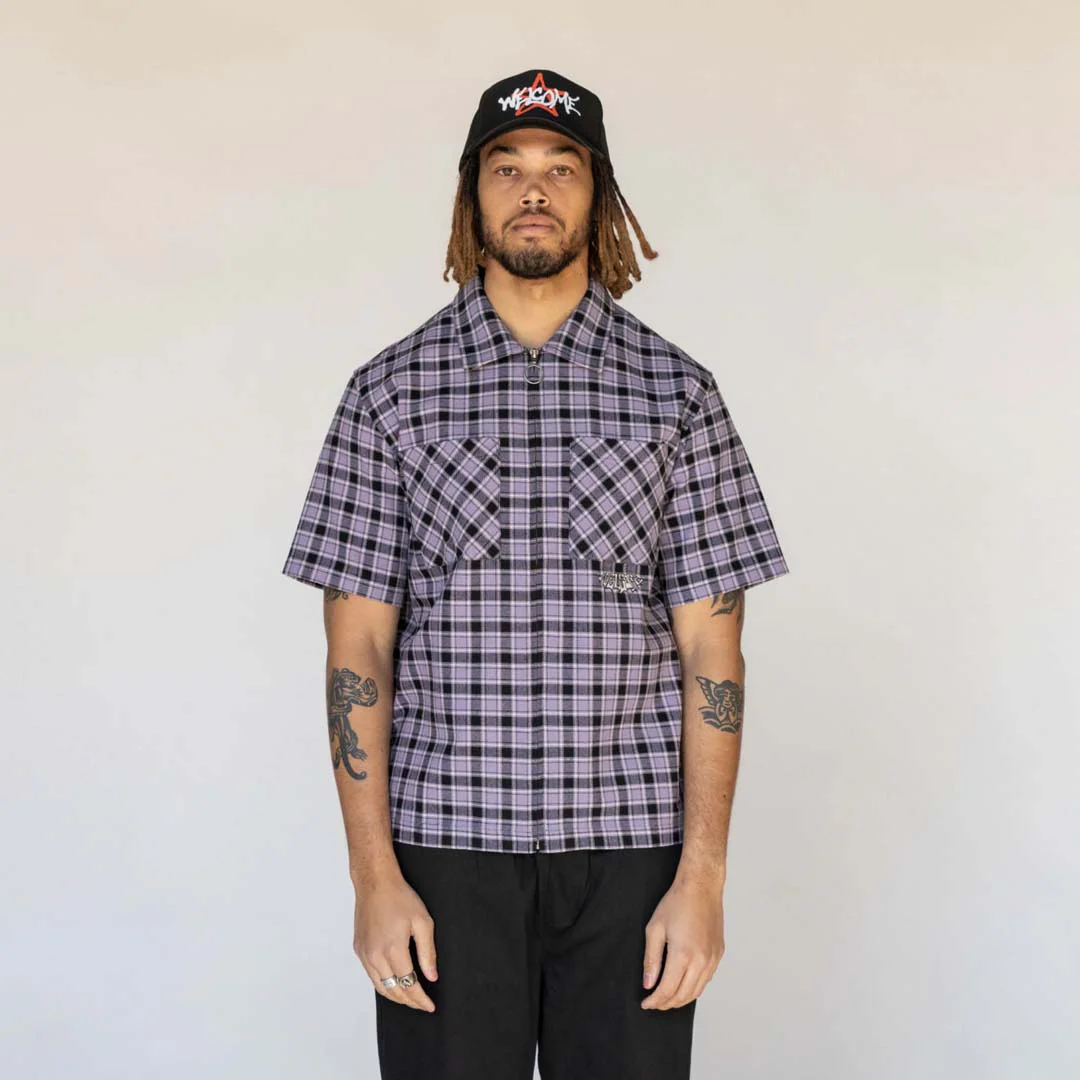 Cell Woven Plaid Zip Shirt - Lavender Grey - Image 6