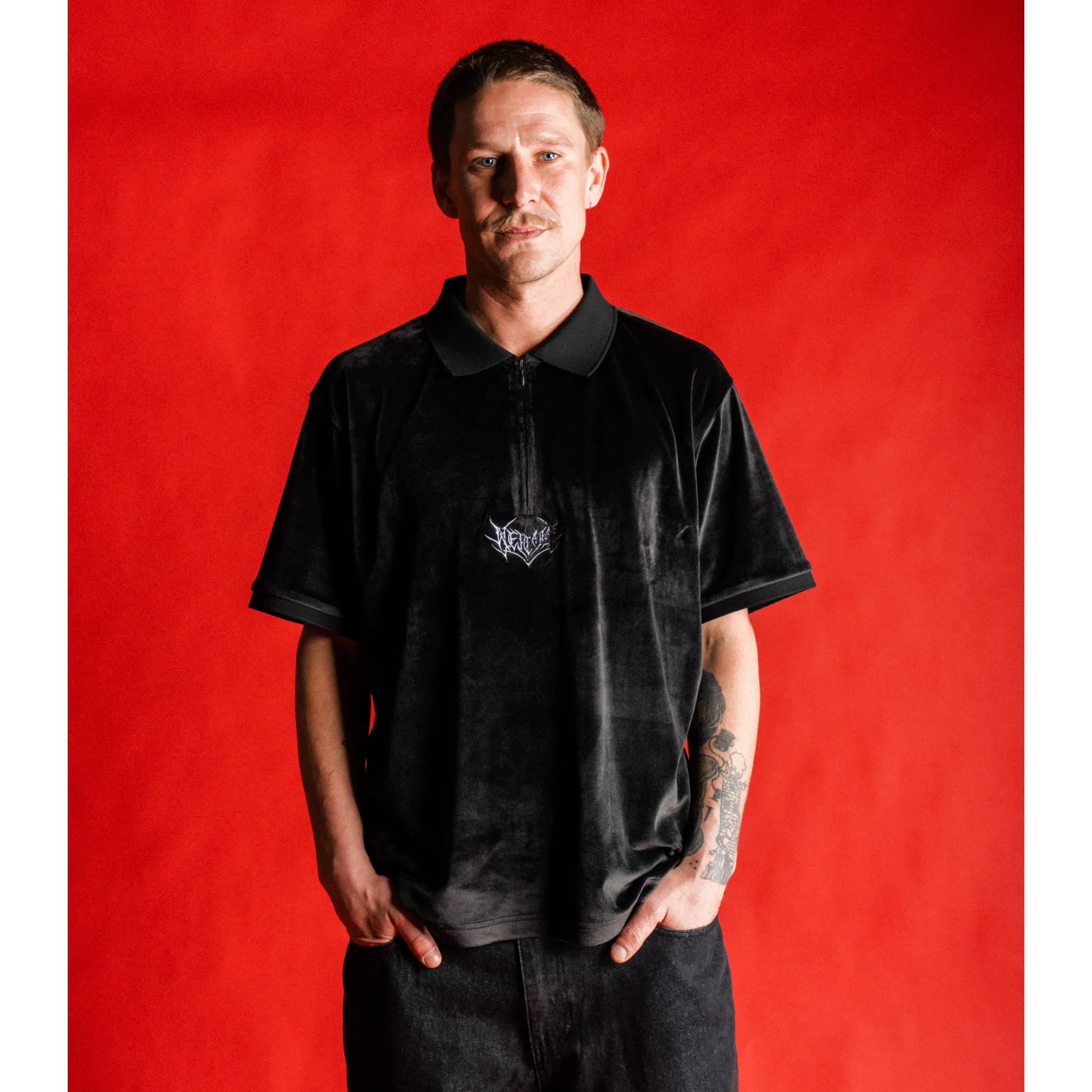 Grain Embroidered Velour Zip Polo - Image 7